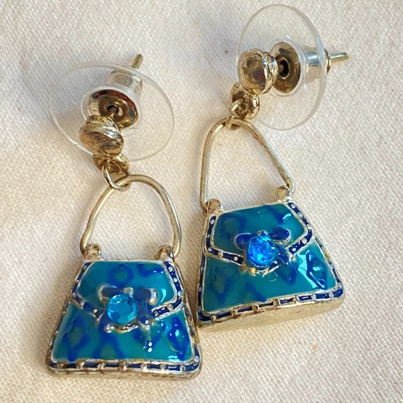 Handbag Earrings Blue Enamel Over Silver Tone Metal With Central Blue Stone - Picture 1 of 10